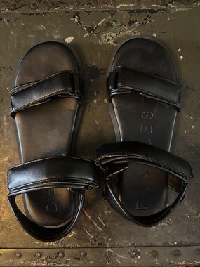 Dear Frances Black Leather Double-Strap Slide Sandals